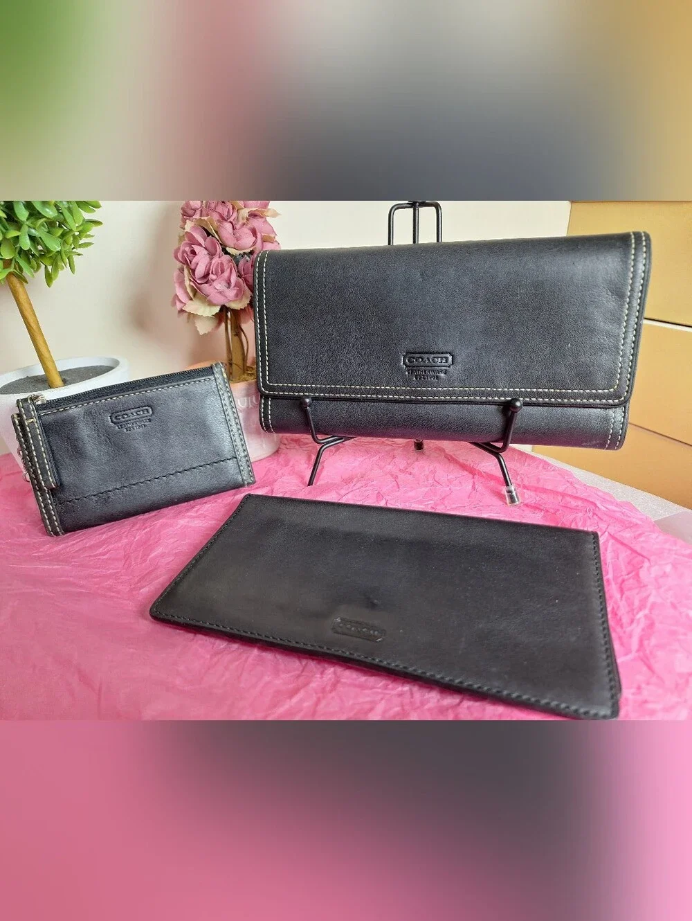 COACH Set Black Leather Wallet, Checkbook Insert & Key Pouch Set
